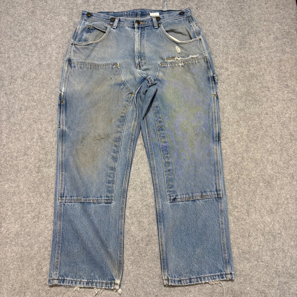 Key Imperial Mens Double Front Logger Jeans 36x30 Distressed Blue Carpenter Pant